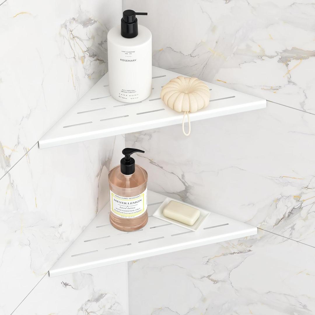 Corner Shower Shelves, 10 Recessed Tile Shower Shelf, 304 Stainless Steel Grout in Corner Tile Shower Shelves, No Drilling, Matte White, 2 Pack