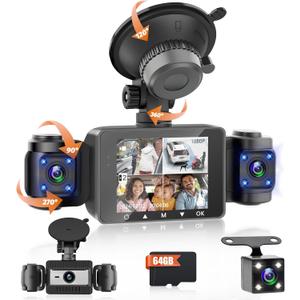 4 Channel Dash Cam 360 View, DashCam Front and Rear Left Right Inside Camera for Cars, with 64GB Card, Night Vision, Loop Recording, G-Sensor, 24H Parking Mode, Suction Cup