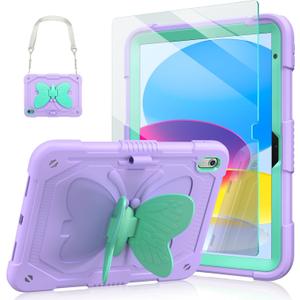 Ambison Case for iPad (A16) 11th/10th Generation 2025/2022 11''/10.9'' for Kids Girls, with 9H Tempered Glass Screen Protector, Shockproof Protective with Butterfly Stand, Carrying Strap-Purple