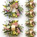 6 Pcs Mini Spring Candle Rings Wreaths Pink White Daisy Flower Small Pillar Holder Wreath Artificial Purple Wild Flower Summer Floral Wreath for Farmhouse Porch Front Door Cabinets Table Decoration