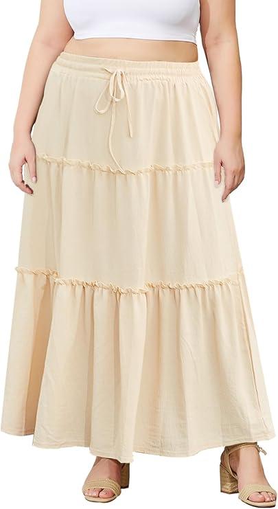 Moon Wood Women's Plus Size Maxi Skirt High Waisted Pleated A Line Flowy Tiered Long Skirts with Pockets 3XL