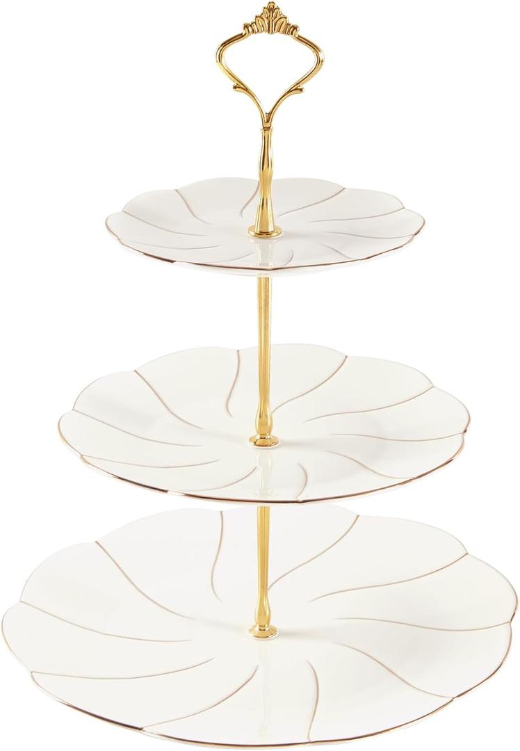 DUJUST Luxury Larger 3-Tier Cupcake Stand Tower, British Style Porcelain Serving Tray with Golden Trim, Food Grade Dessert Display Stand for Tea Party & Home Dcor - 45% Larger Plates (Elegant White Larger)