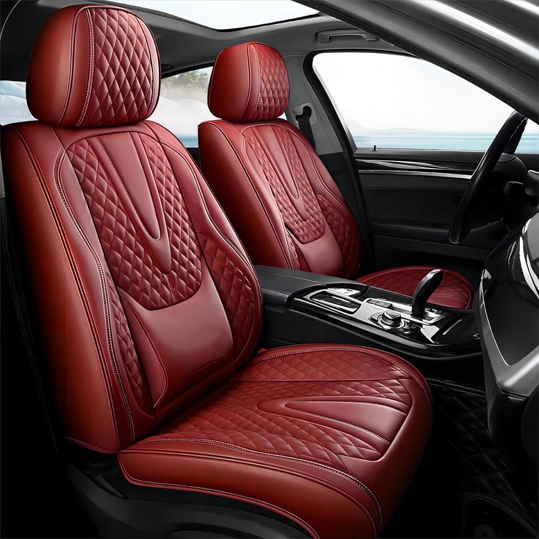 Car Seat Covers Full Set Waterproof Faux Leather Universal Seat Cover for Cars Protectors Fit for Most SUV Truck Sedans Pick-up Jeep, Airbag Compatible (Wine Red, Front Pair) (FRONT PAIR, Wine Red)