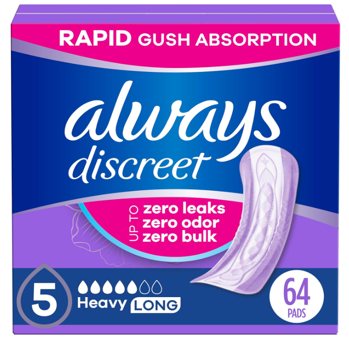 Always Discreet Adult Incontinence Pads for Women, Heavy Absorbency, Long Length, Postpartum Pads, 64 Count (2 Packs of 32)