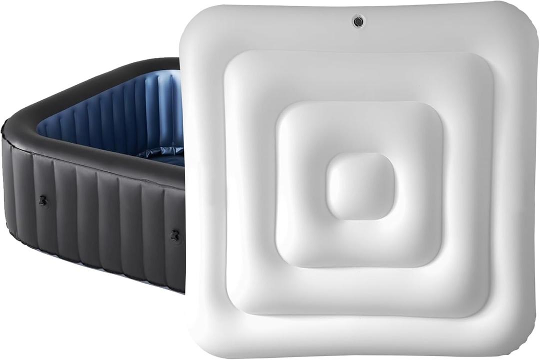 4.4Ft Inflatable Hot Tub Cover,Energy Saving Lid for Square Hot Tub,Outdoor Inflatable Hot Tub,Foldable Protective Rain Overflow Cover for Inflatable Outdoor Hot Tubs (White)
