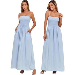 Aigeman Women Detachable Strap Dress Strapless Smocked Bodice Maxi Dress Pockets Long Swing Flowy Beach Sundress 373 (Small Sky Blue)
