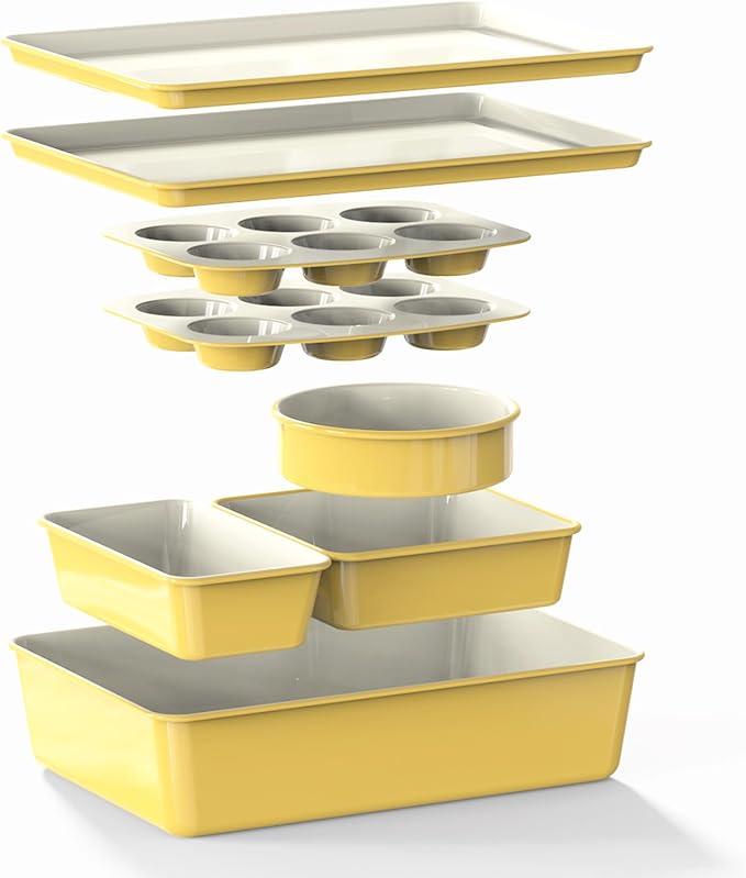 Larder & Vine 8-Piece Stackable Bakeware Set, Ceramic-Coated Nonstick Baking Pan Set, Non-Toxic, with Baking Sheets, Muffin Pan, Loaf Pan & Cake Pans, Limoncello