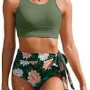  Womens High Waisted Bikini Set Tummy Control 2 Piece Bathing Suit Modest Racerback Swimsuit 2025 with Tie Side Knot, S