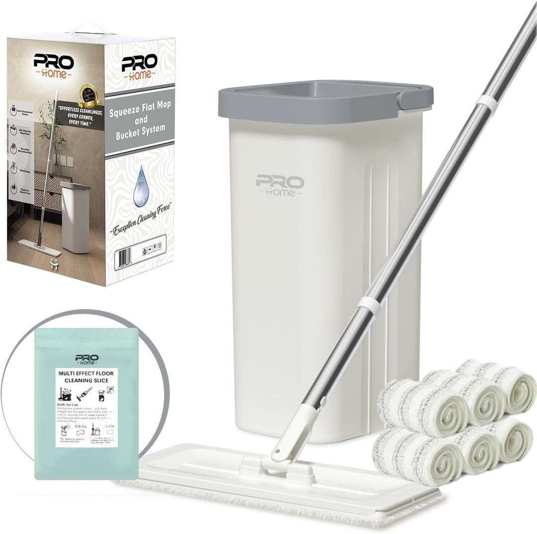 Mop and Bucket Set for Home, Hands-Free White Flat Squeeze Mop and Bucket System,Floor/Wall Cleaner with Long Handle, Wet/Dry Use (Mop and Buckets Set with 6 Pads)