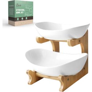 Seven Sparta 2 Tier Fruit Bowl for Kitchen Counter/Ceramic Serving Bowls with Bamboo Stand/Tiered Fruit Basket for Fruit Vegetable Storage, Cake, Dessert, Nuts, Snack, Salad (Dishwasher Safe)