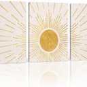 Boho Wall Decor, Set of 3 Modern Gold Boho Sun Wall Art | Framed Canvas Paintings Artwork for Walls, 3 Piece Minimalist Sun Prints Bohemian Wall Hanging for Living Room Hallway Bedroom Kitchen Dining Room Office Bathroom