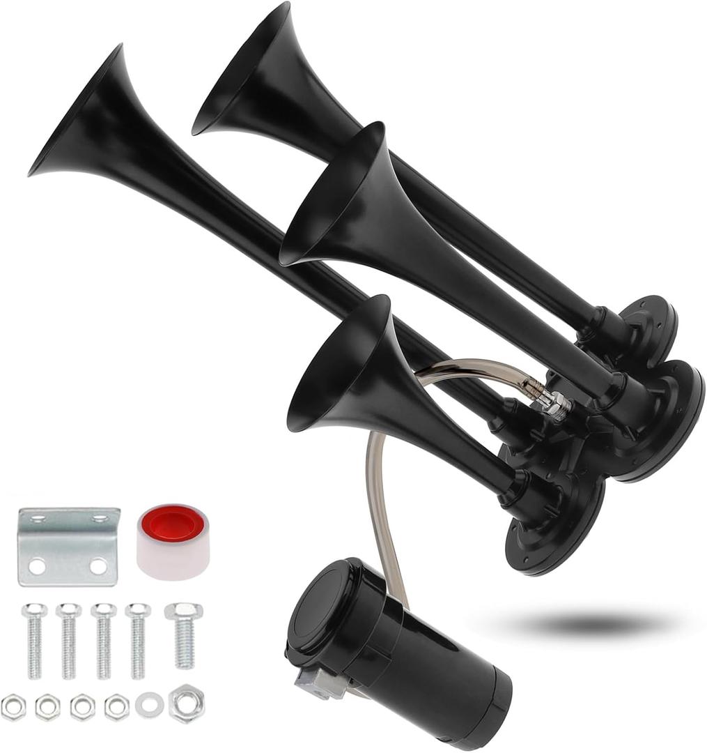 Train Horns Kit, 4 Trumpet Air Horn Kit, 12V 185db Super Loud Train Horns for Pickup Trucks, Four Trumpet Air Horn with Compressor for Vehicle Cars Trucks Pickup Trains Lorrys Boats