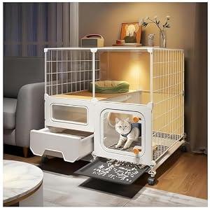 cat cage Indoor with Litter Box, Complimentary Bed, Bowl,Cleaning Three piece Set,cat Enclosure, Kennel,Pet Cage, Cat House with Wheels(28″(L) x18.1″(W) x32.3″(H)