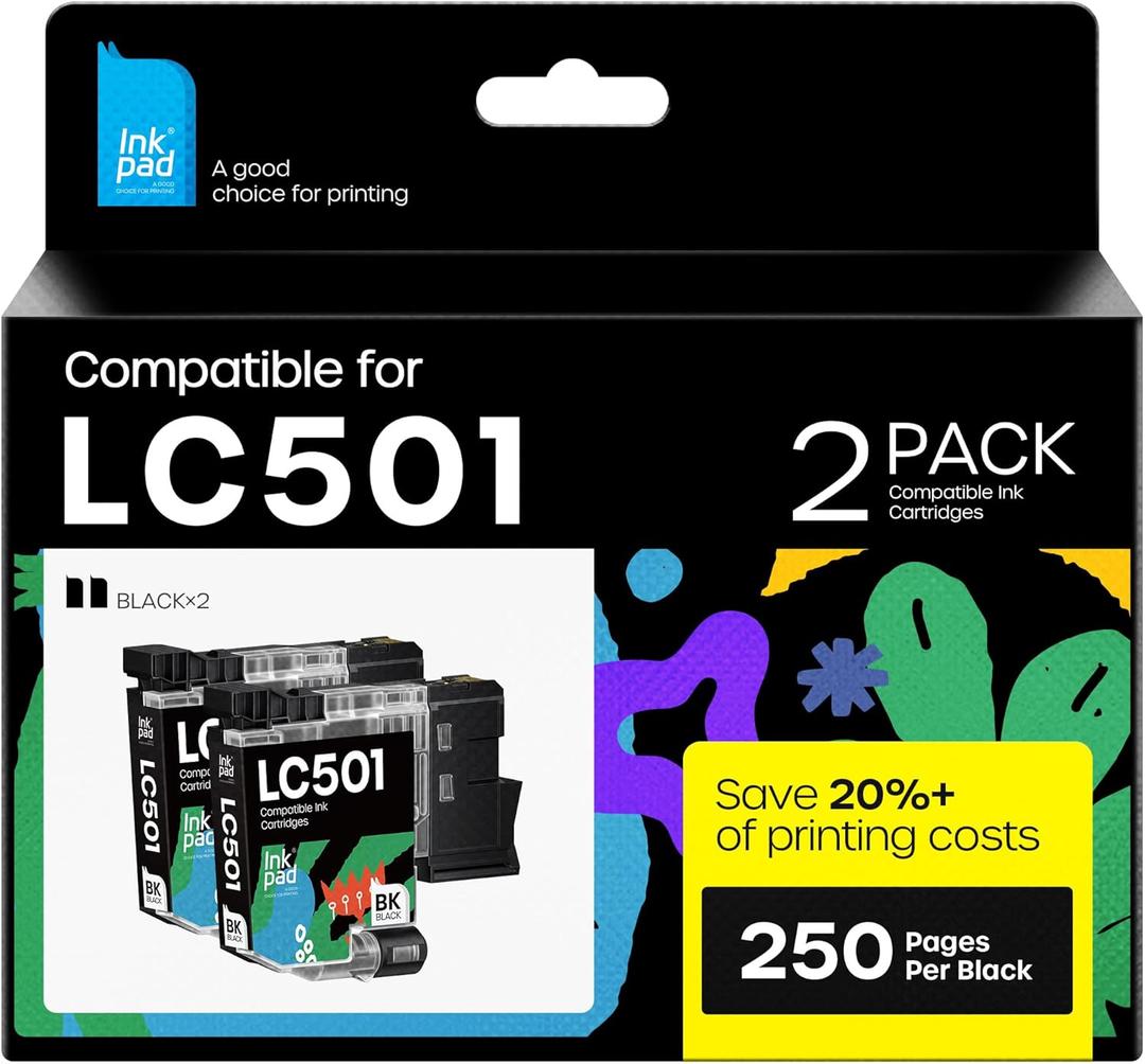 iNKPAD Compatible with LC501 Ink Cartridges for Brother Printer LC 501 Ink Cartridges Replacement for MFC-J1360DW, MFC-J1410DW, MFC-J1260DW Series Printer 2-Pack Black