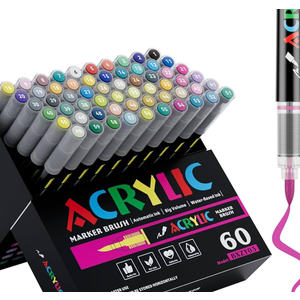 60 Colors Acrylic Marker With Brush Tip Automatic Ink Control, Water Based Ink Paint Markers For Rock Painting, Canvas, Wood, Ceramic, Glass, Stone, Fabric, DIY Crafts Textile & Art Supplies