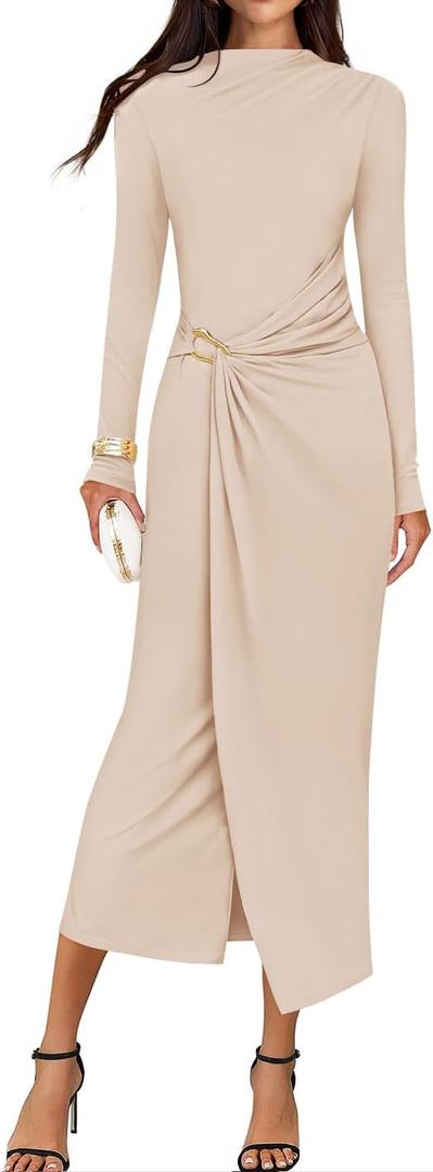 Jesica Women's Fall Wedding Guest Cocktail Midi Dresses Elegant Long Sleeve Bodycon Ruched Dress 2026 Fashion Clothing, M 
