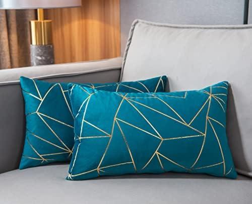 YONGLIU Pack of 1 Soft Velvet Lumbar Throw Pillow Covers Velvet Decorative Gold Foil Geometric Pattern Cute Cushion Case for Modern Homes Couch Sofa Bedroom Living Room (Aqua Blue and Gold, 12“X20”)