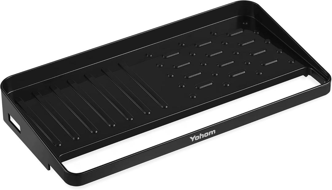 YOHOM Suction Cup Sponge Holder for Kitchen 2-in-1 in Sink Dish Rag Holder for Undermount Sink Plastic Scrubber Sponge Tray Organizer, Installation Size 9.06" L x 3.15" W (Black)