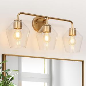 KSANA Gold Bathroom Light Fixtures, 3 Light Vanity Lights Over Mirror Modern Clear Glass Bathroom Vanity Lighting for Kitchen, Bedroom