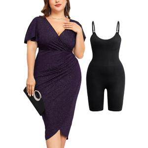 ZOMVA Plus Size 0X-4X Sparkly Glitter Ruched Bodycon Midi Dress Sparkle Sequin Wrap Ruffle Sleeve Dress Cocktail Party Formal, 3X