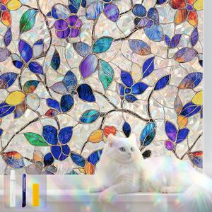 Stained Glass Window Privacy FilmDecorative Rainbow Static Clings -ldeal for Home &Office,Adhesive-Free,Removable, Uv-Blocking (Purple Rainbow, 35.4 X 157.4 in)