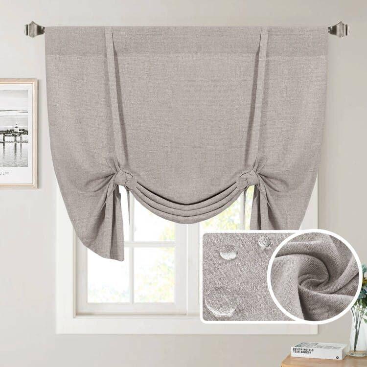 H.VERSAILTEX Linen Tie Up Curtains Thermal Insulated Waterproof Balloon Roman Shade Light Filtering Adjustable Bathroom Rod Pocket Panel for Small Window,42in Wide by 63in Long, Heather Taupe