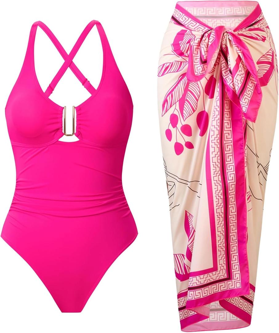 One Piece Swimsuit Women with Cover Up Set Retro Bathing Suit for Women Tummy Control Beach Wrap Skirt (Small, Pink 02)