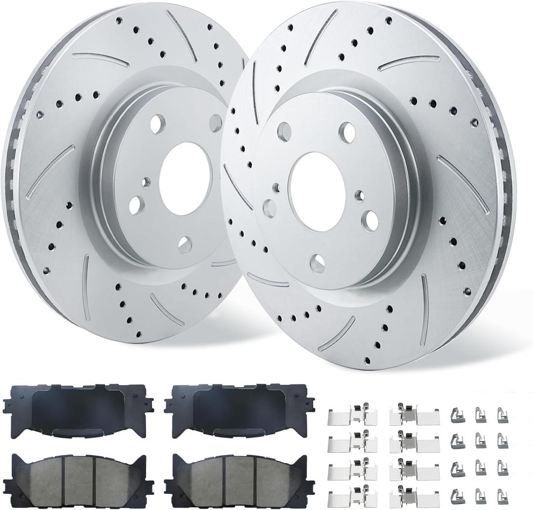 Front Brake Kit Fit for 07-17 Toyota Camry,08-18 Toyota Avalon,07-18 Lexus ES350,13-18 Lexus ES300h, Drilled & Slotted Brake Rotors Ceramic Brakes Pads Replacement,KOE3053 Brake Rotors Brake Pads