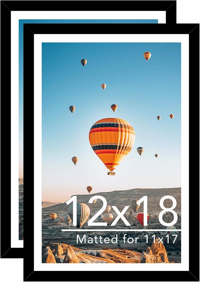 JCJMY 12x18 Picture Frame Set of 2 with 11x17 Mat, Display Photo 11x17 with Mat or 12 x 18 Without Mat, Wall Hanging Large 12 by 18 Poster Frame with Plexiglass, 2 Pack, Black
