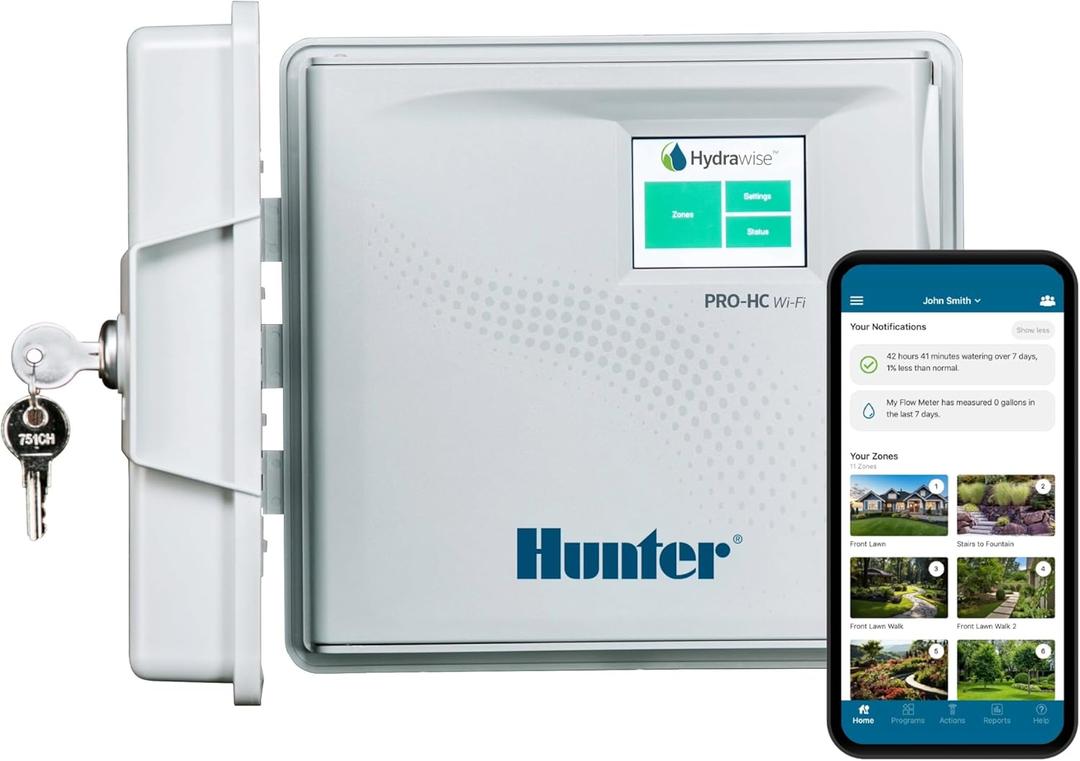 Hunter PRO-HC600 Smart WiFi Irrigation Controller, 6 Zone Outdoor & Indoor Sprinkler Timer, Hydrawise App Compatible, Weather-Based Scheduling, Flow Sensor Ready, Touchscreen