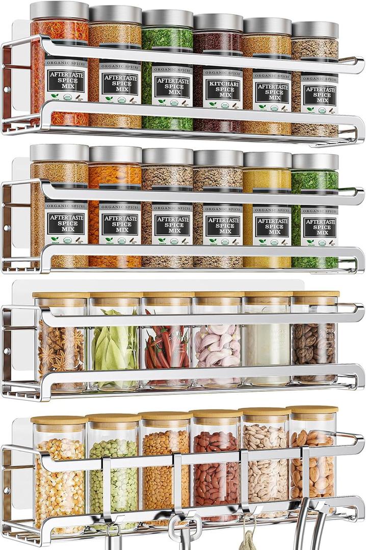 Spice Rack wall mounted 4 Pack, Space-Saving Spice Organizer for Spice Jars and Seasonings,Screw or Adhesive Hanging Spice Rack Organizer for Your Kitchen Cabinet,or Pantry Door,Chrome (Silver)