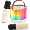 JYX Mini Karaoke Machine for Kids Adults, Portable Bluetooth Speaker with 2 Microphones, Support TF/AUX Input/4 Funny Magic Voice (Ivory White-2 Mic)