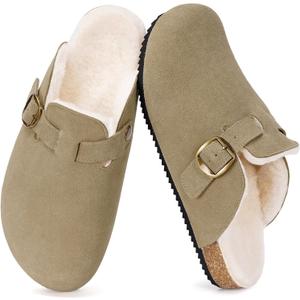 Mens Womens Fur Lined Clogs Suede Slip on Mules Warm Plush Fleece Lining Winter House Slippers Comfort Footbed with Arch Support and Adjustable Buckle, Beige 12 Women/11 Men