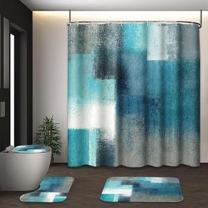 Tayney Turquoise Abstract Shower Curtain Set with Toilet Lid Cover and NonSlip Rugs for Bathroom, Modern Painting Art 4 Pcs Shower Curtain, Vintage Grey White Bathroom Set with 12 Hooks