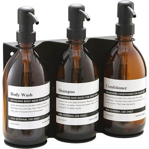 KUSVADO Wall Mounted Soap Dispenser, Glass Shower Bottle and Stainless Steel Holder with Waterproof Labels (3 Black Chambers)