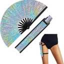 Large Rave Fan UV Glow Hand Fan with Holster for Men/women, Disco Party Favor for Edm Music Festival Club Rave Accessories(Silvery Reflective Ripple)