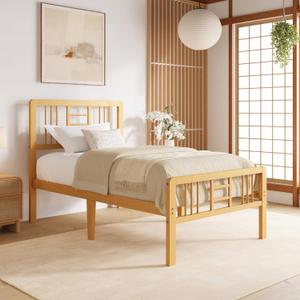 Hunlostten 14 in High Bamboo Wood Twin Bed Frame with Headboard & Footboard, Platform Bed Frame Twin Size with Steel Slats Support, Heavy Duty, No Box Spring Needed, Easy Assembly, Twin 14 Inch