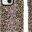 Lumen for iPhone 15 Case, Compatible with Magsafe, Hard Shell Cover with Camera Protection for Women Girls - Leopard Print Pink Glitter Stars Cheetah design Y2K Preppy Aesthetic Unique Festive