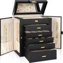 AKOZLIN Large Jewelry Box Organizer Functional Lockable with Big Mirror, Leather Jewelry Storage Case for Women Girls Ring Necklace Earring Bracelet Holder Organizer (Black)