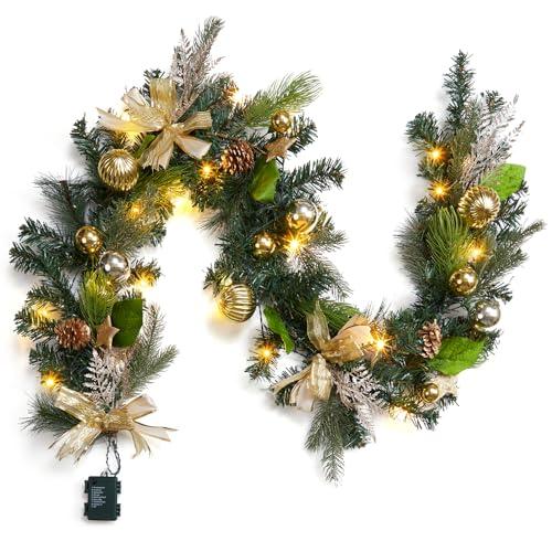 LinTimes 6 FT Pre-Lit Christmas Garland, Gold Lighted Xmas Garland with 20 LED Lights with Timer for Mantle Staircase Table, Winter Garland with Ribbon, Xmas Ball, Pine Cones, Star, Battery Operated