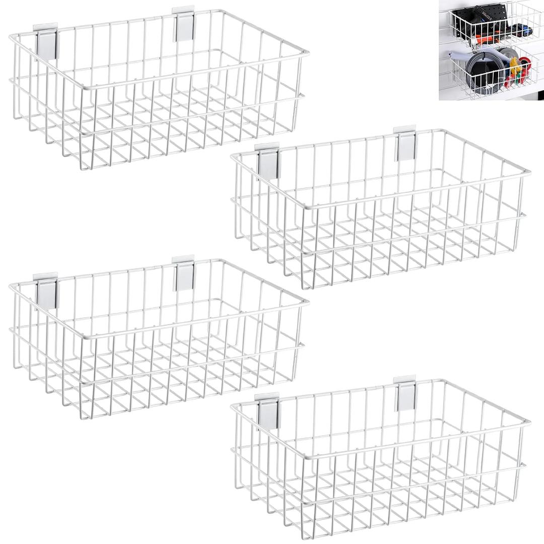 Hicarer 4Pcs Metal Slatwall Baskets and Bins Set Hanging Storage Baskets for PVC Slatwall Mounted Accessories Storage Display on Garage Panels(14.5x8.5x5,White)