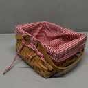 Wickerwise Small Rectangular Woodchip Picnic Baskets with Double Folding Handles, Natural Hand-Woven Basket Lined with Gingham Red and White Lining Great for Gifts