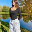 OQQ Women's Bodysuits Ruched Long Sleeve Square Neck Lounge Stretch Travel Bodysuits (Black, XL)