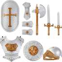 Liberty Imports Medieval Knight in Shining Armor, Kids Crusader Pretend Role Play Plastic Costume Dress Up Cosplay with Toy Swords, Axe, Shield, Weapons & Accessories Playset