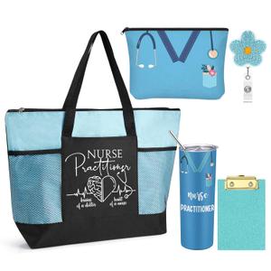 Sieral 5 Pcs CNA Week 2026 Gifts Bulk Nurse Practitioner Tumbler Tote Makeup Bag Badge Clipboard for Women Men Appreciation(Blue)