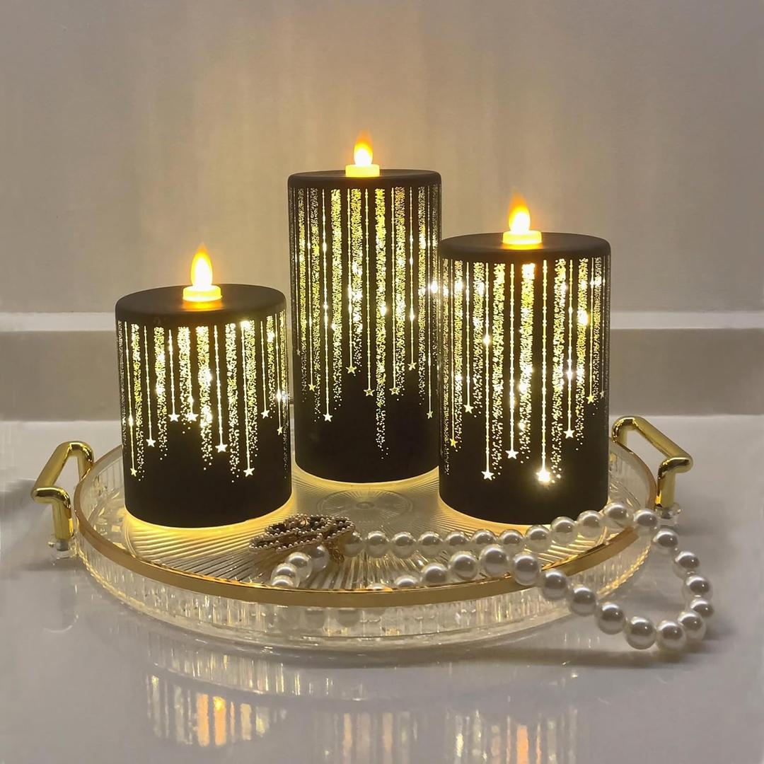 Led Candles Flickering Flameless Candles Battery Operated Fake Electric Luminara Gold Fall Decorations Fireplace Mantle Decor for Living Room Table Centerpieces for Dining Room Bathroom (Black)