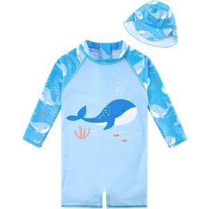 ADUKIDE Baby Boys Swimsuit Summer Beach Rash Guard Swimwear One Piece Sunsuit with Sun Hat 3-24 Months (12-18 Months, Whale Blue)