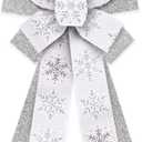 Large Christmas Wreath Bows, Christmas Glitter Silver Snowflakes Burlap Linen Bows for Wreath, Large Tree Topper Ribbon Bow for New Year Indoor Outdoor Xmas Party Decoration Wreath Ornament Supplies