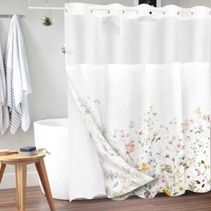Tititex No Hooks Snap in Liner Colorful Bright Floral Shower Curtain Sets, Hotel Luxury Double Layers Waterproof Fabric & See-Through Top Window Bathroom Decorative 72x72 Inch