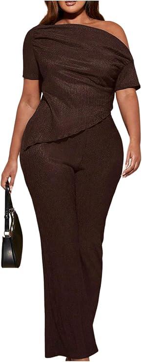 No Brand Women's Plus Size 2 Piece Outfits One Shoulder Asymmetrical Short Sleeve Shirt and Flare Pants Set , Extra Large 